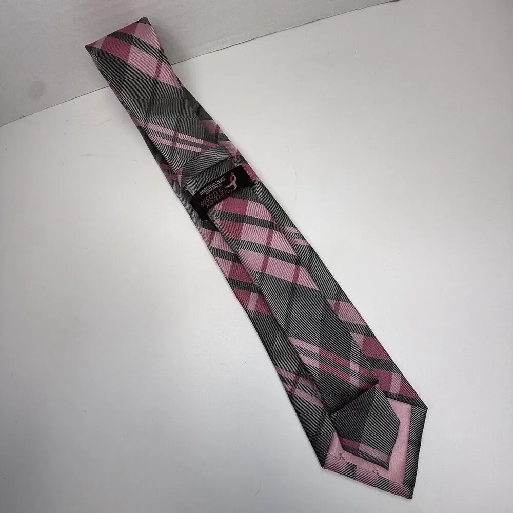 Knots For Hope Susan G Komen Breast Cancer Awareness Necktie Pink Gray Plaid